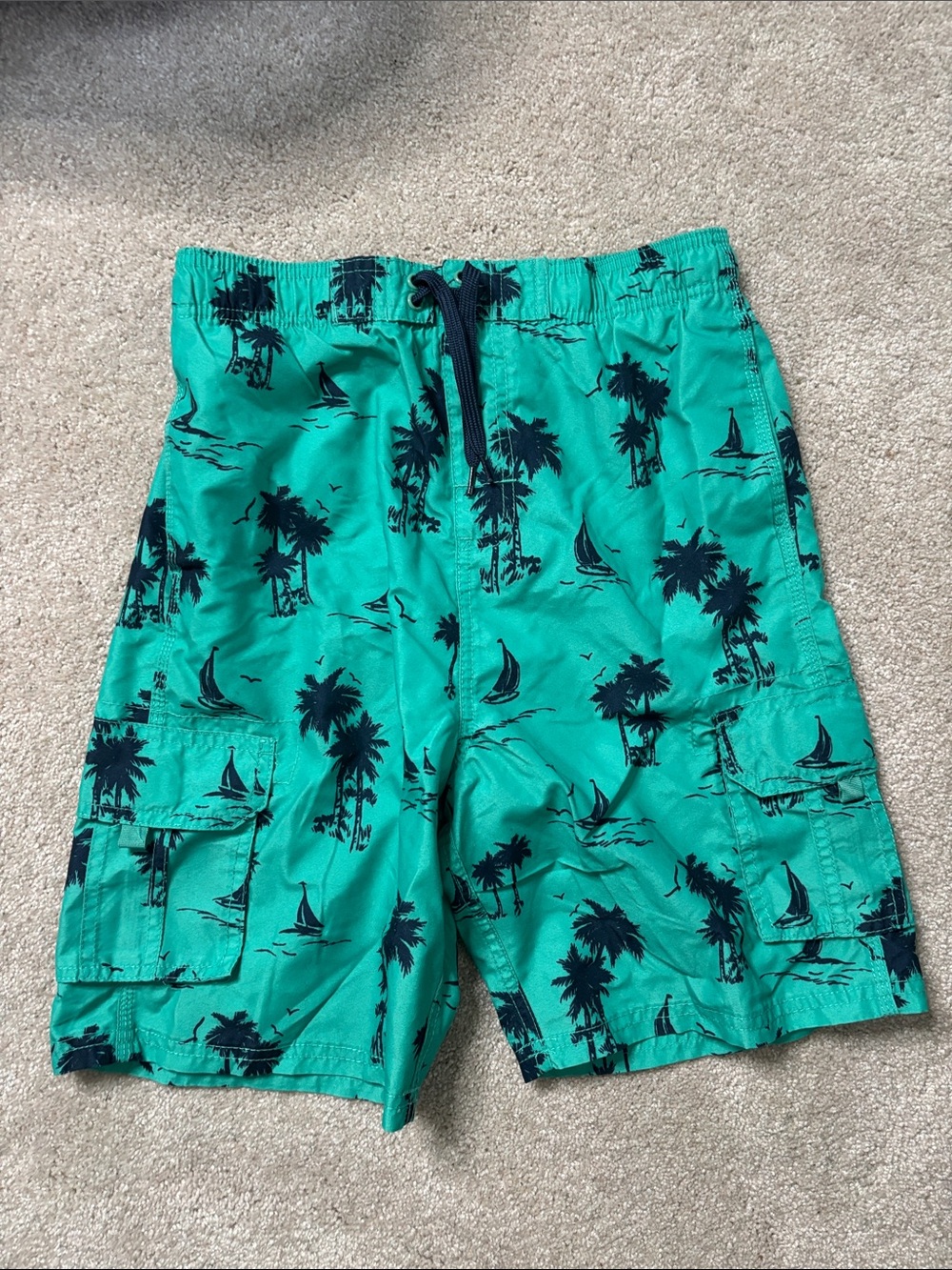 Kanu Surf Teal Swim Trunks with Navy Palm & Sailboat Print